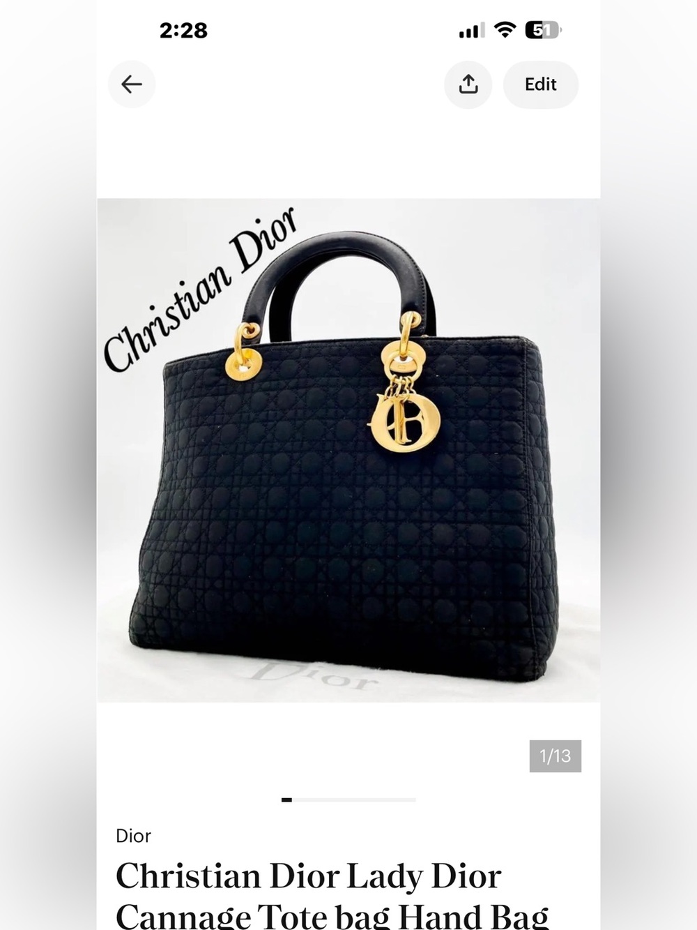 Christian Dior Lady Dior Cannage Tote bag Hand Bag Tote Nylon Black!